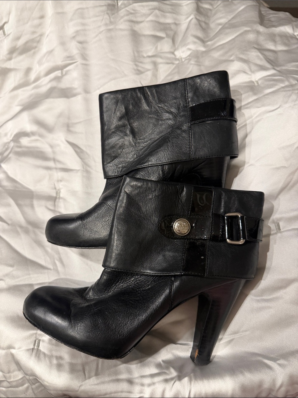 Coach Black Leather Fold-Over Ankle Booties with Buckle